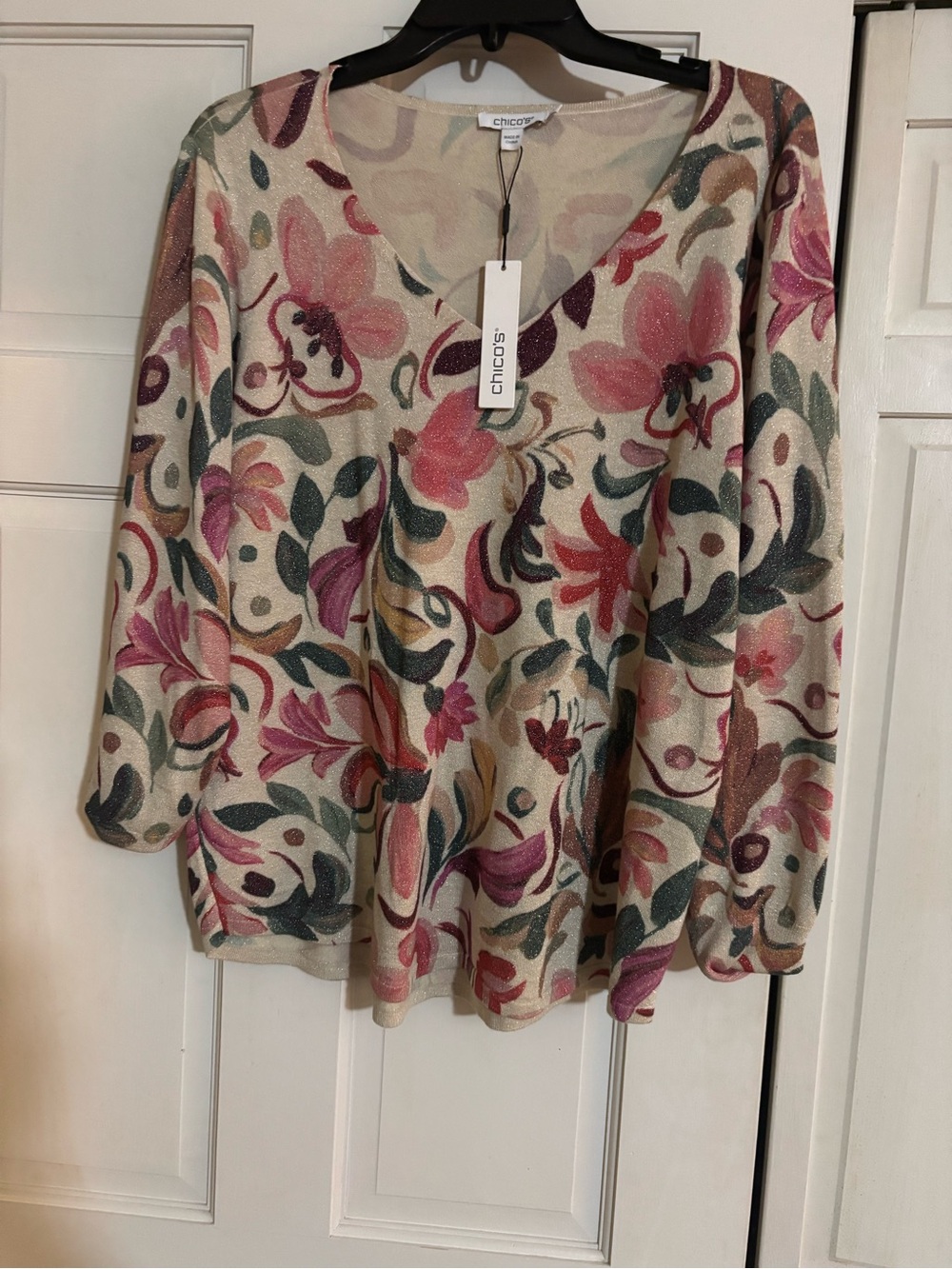 Chico's Cream Floral V-Neck Knit Top with Pink and Green Accents